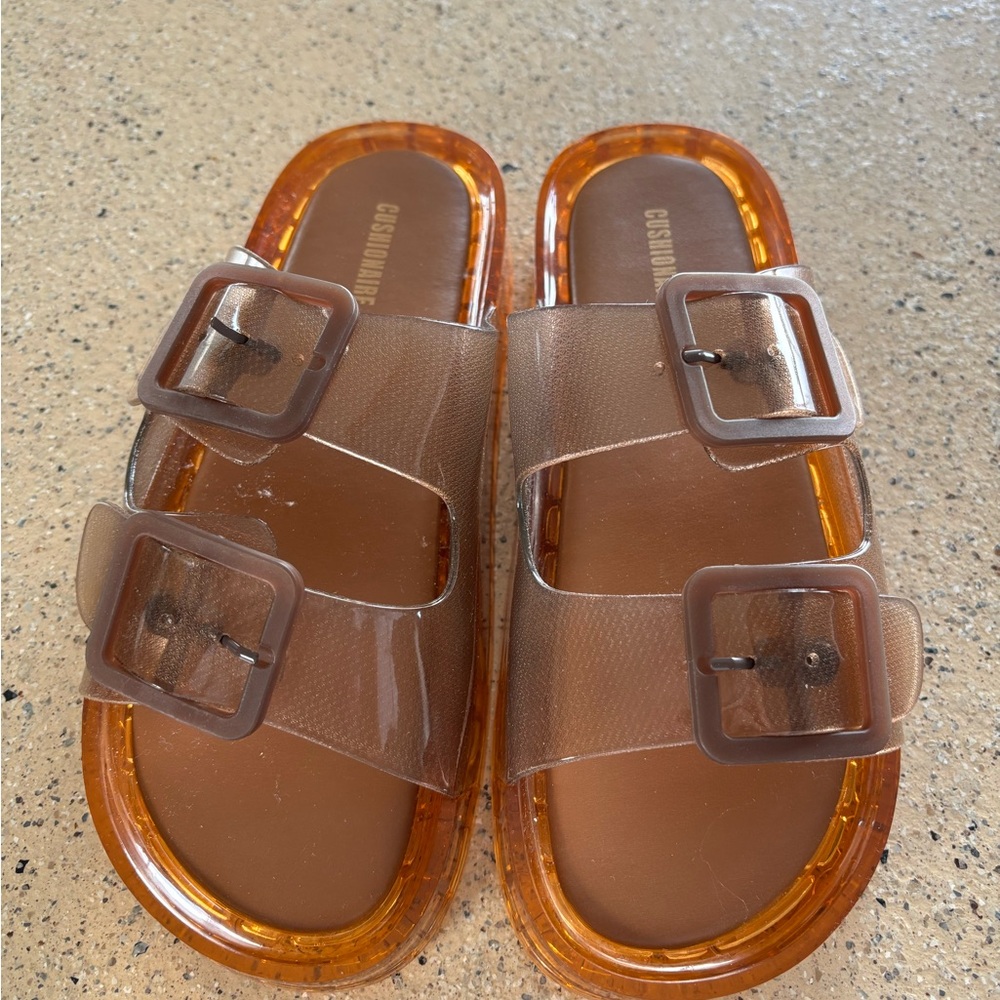 Translucent Brown Double Buckle Jelly Slides